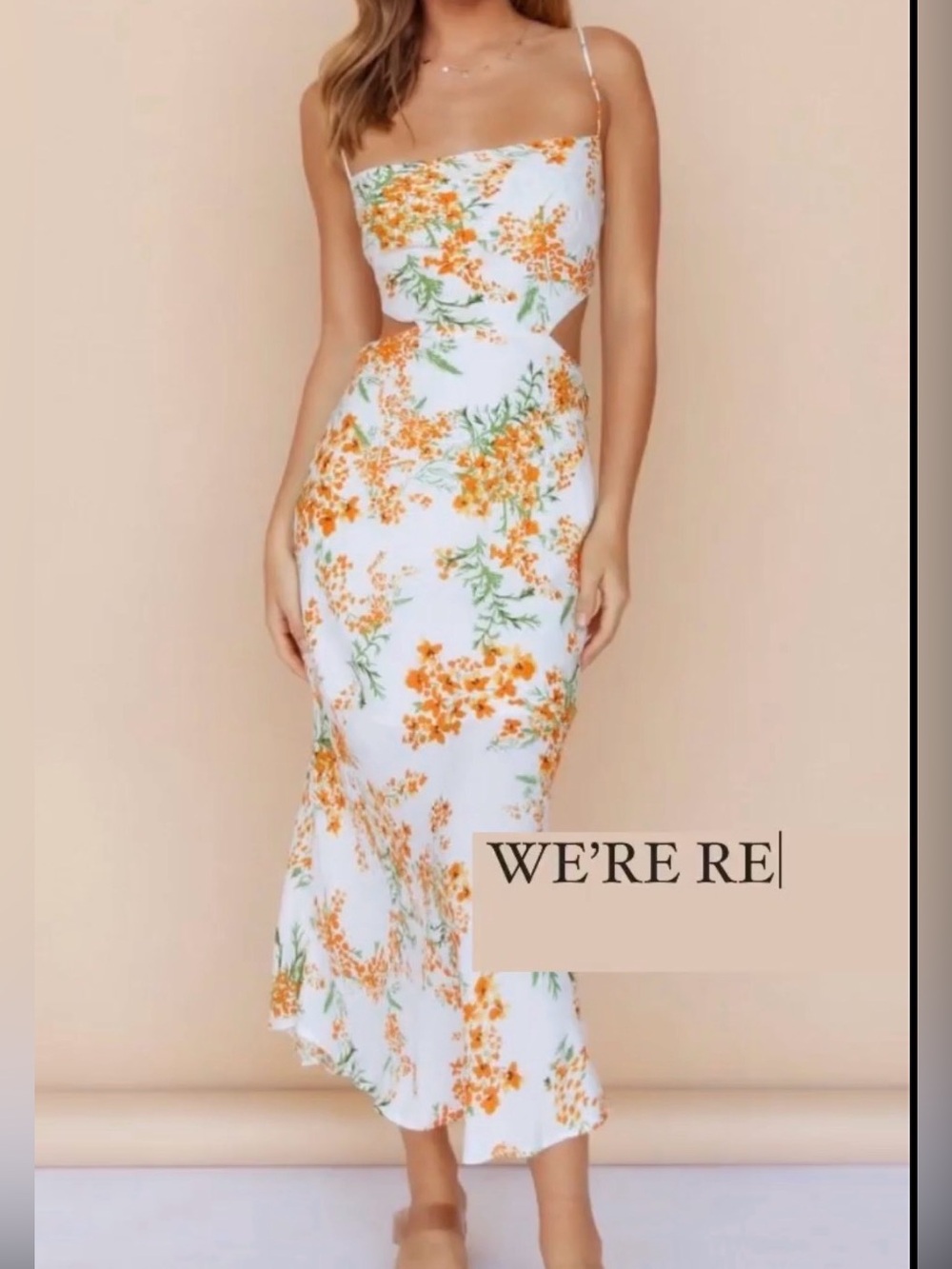 Women's White Midi Dress with Orange Floral Print and Cutout